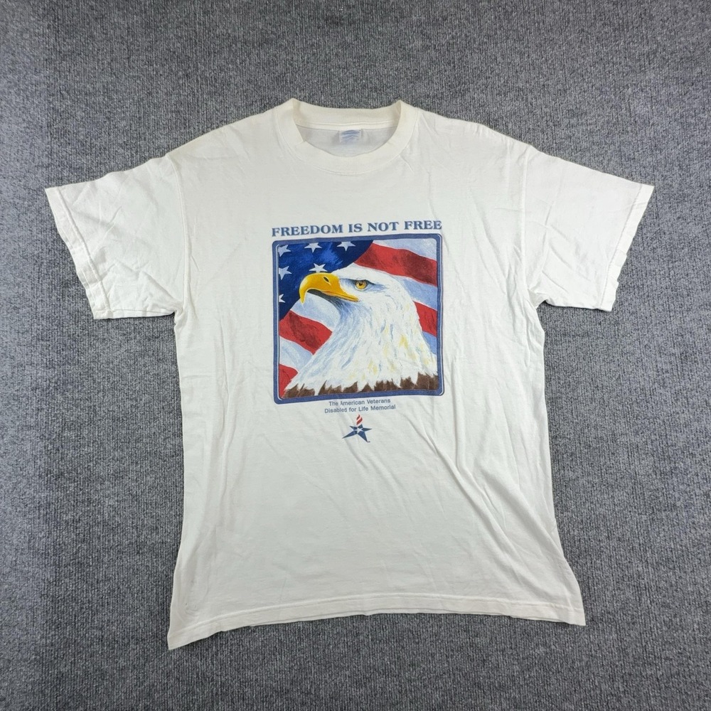 M&O Knits Shirt Mens Large White Freedom Is Not Free Eagle USA Patriotic Tee